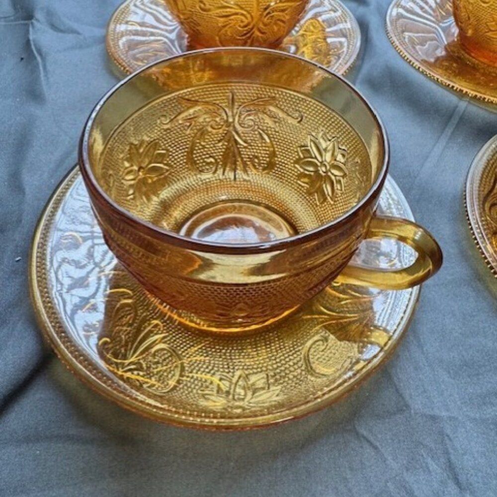 Set of 4 Cup & Saucer Set Vintage 1970 Indiana Glass Tiara Amber Sandwich